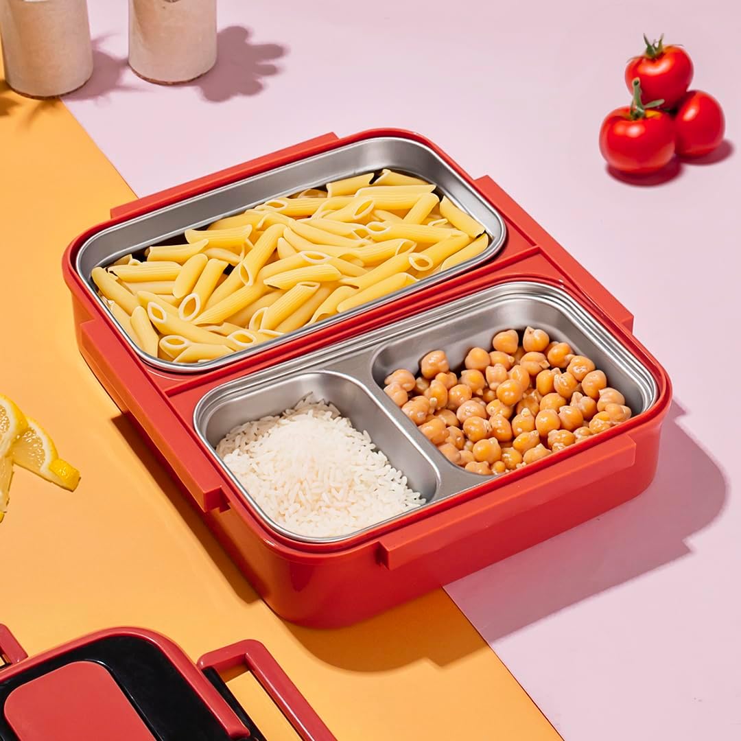 1392-2 Çelik Hazneli 3 Bölmeli Beslenme Kutusu Lunchbox Sefer Tası - Turuncu