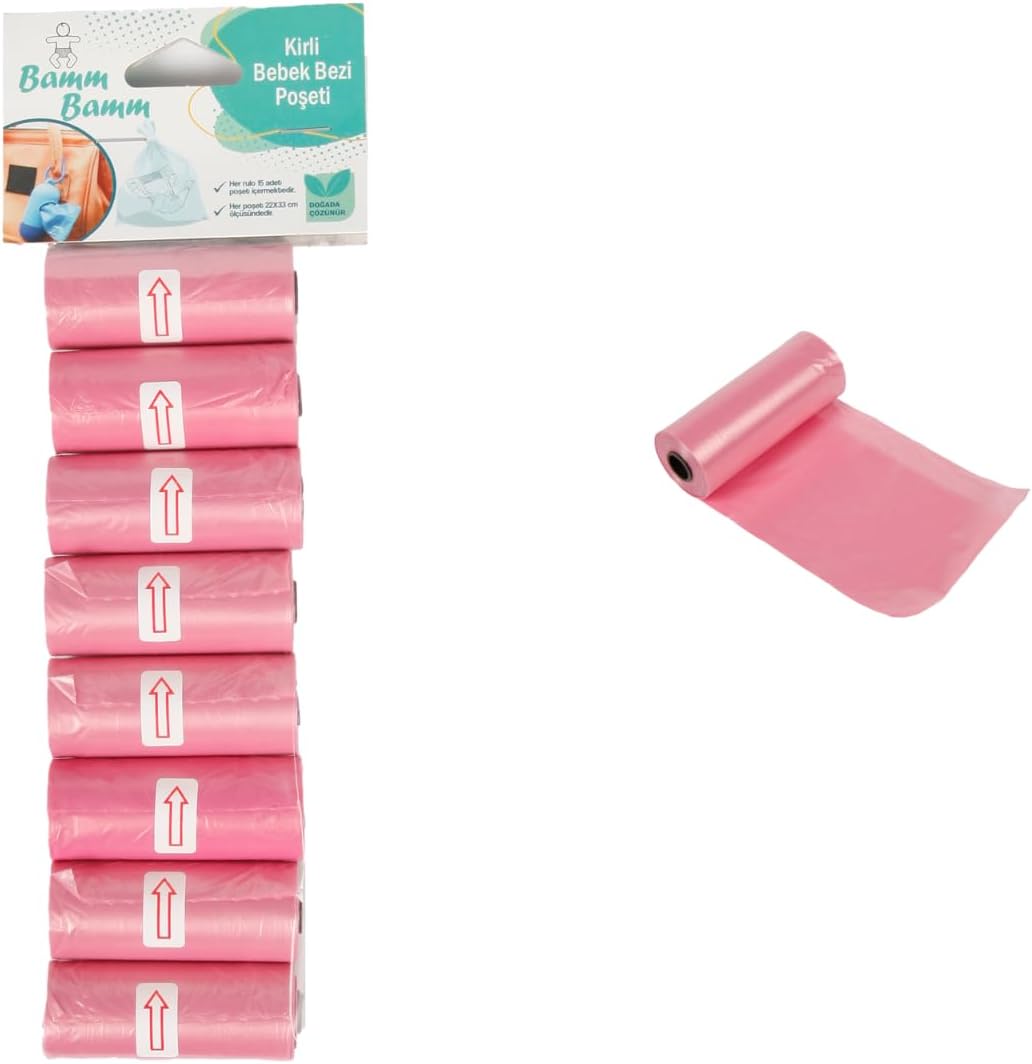 Bamm Bamm Kirli Bebek Bezi Poşeti Çanta Boy Pembe 8 Rulo (120 Adet)