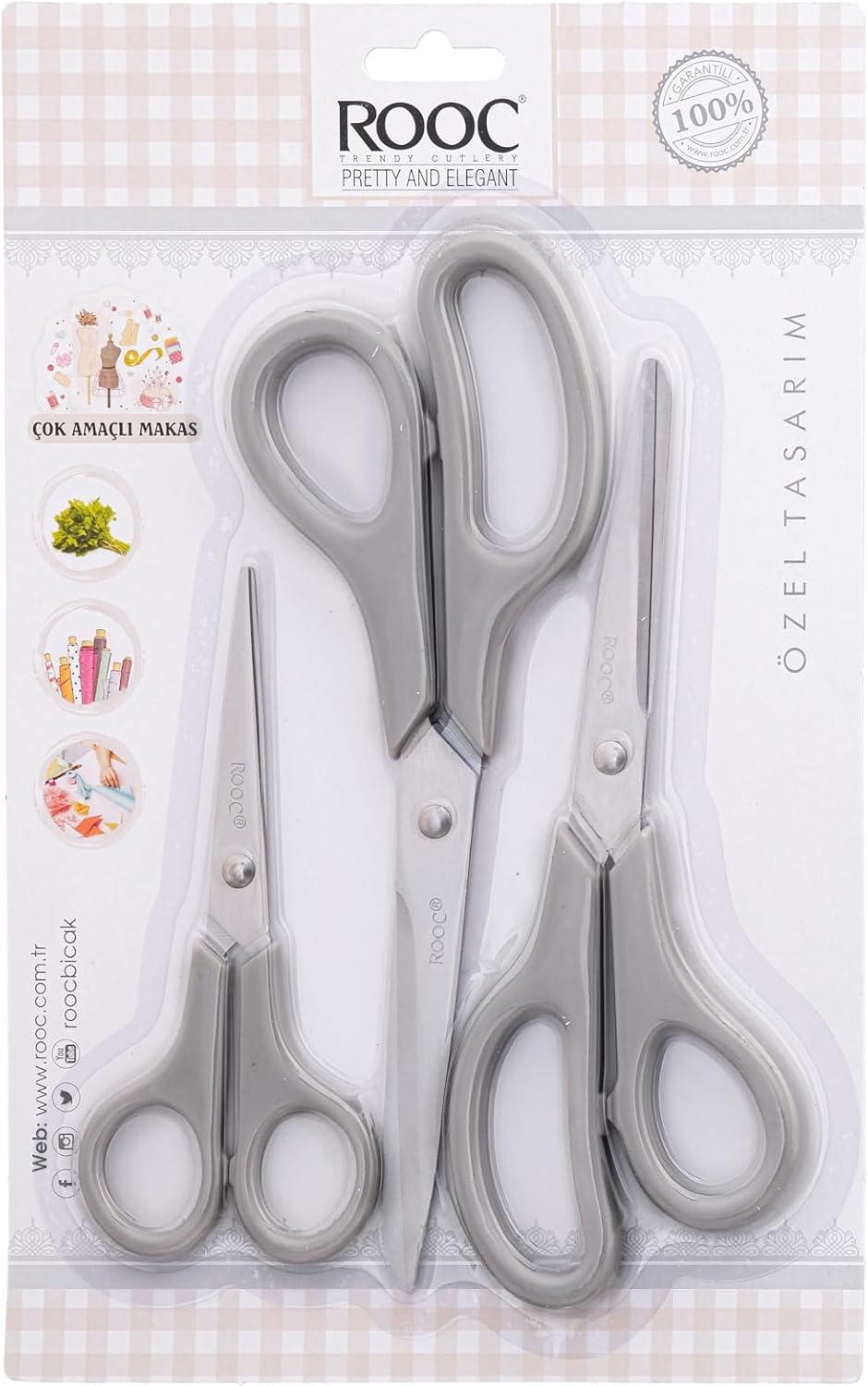Premium Serisi Ergonomik Saplı Çelik Gıdaya Temasa Uygun 3'lü set Mutfak Makası, Gri