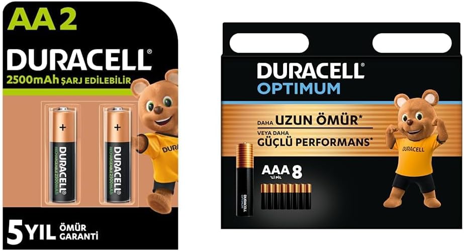 Şarj Edilebilir AA 2500 mAh Kalem Piller, 2'li + Optimum AAA Alkalin İnce Kalem Piller, 1,5 V LR03/MN2400, 8’li Paket