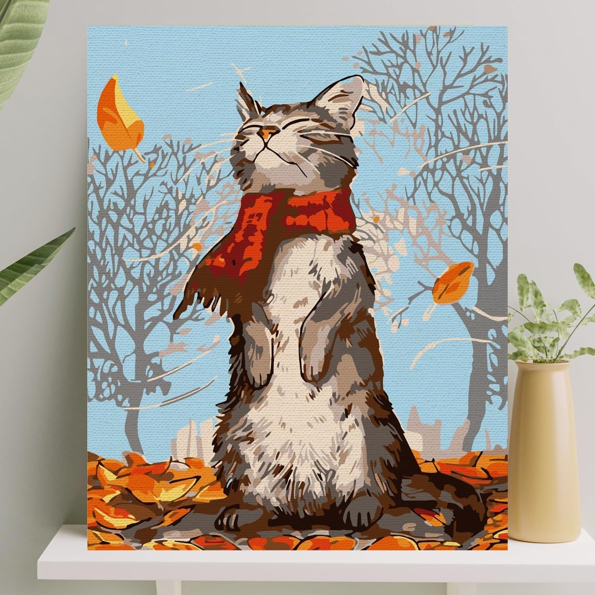 Hobi Sanat Sayılarla Boyama Tuval Seti Fırça Boya Dahil (Çıtalı) 40x50 CM - Kedi ve Sonbahar