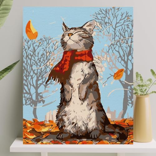 Alternative view of Hobi Sanat Sayılarla Boyama Tuval Seti Fırça Boya Dahil (Çıtalı) 40x50 CM - Kedi ve Sonbahar