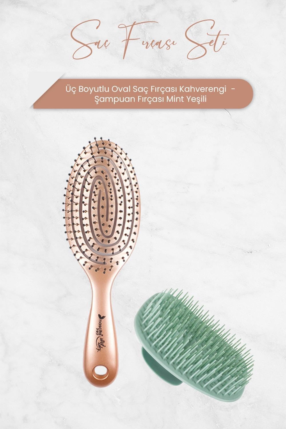 Üç Boyutlu Oval Saç Fırçası Kahverengi ve Şampuan Fırçası Mint Yeşili