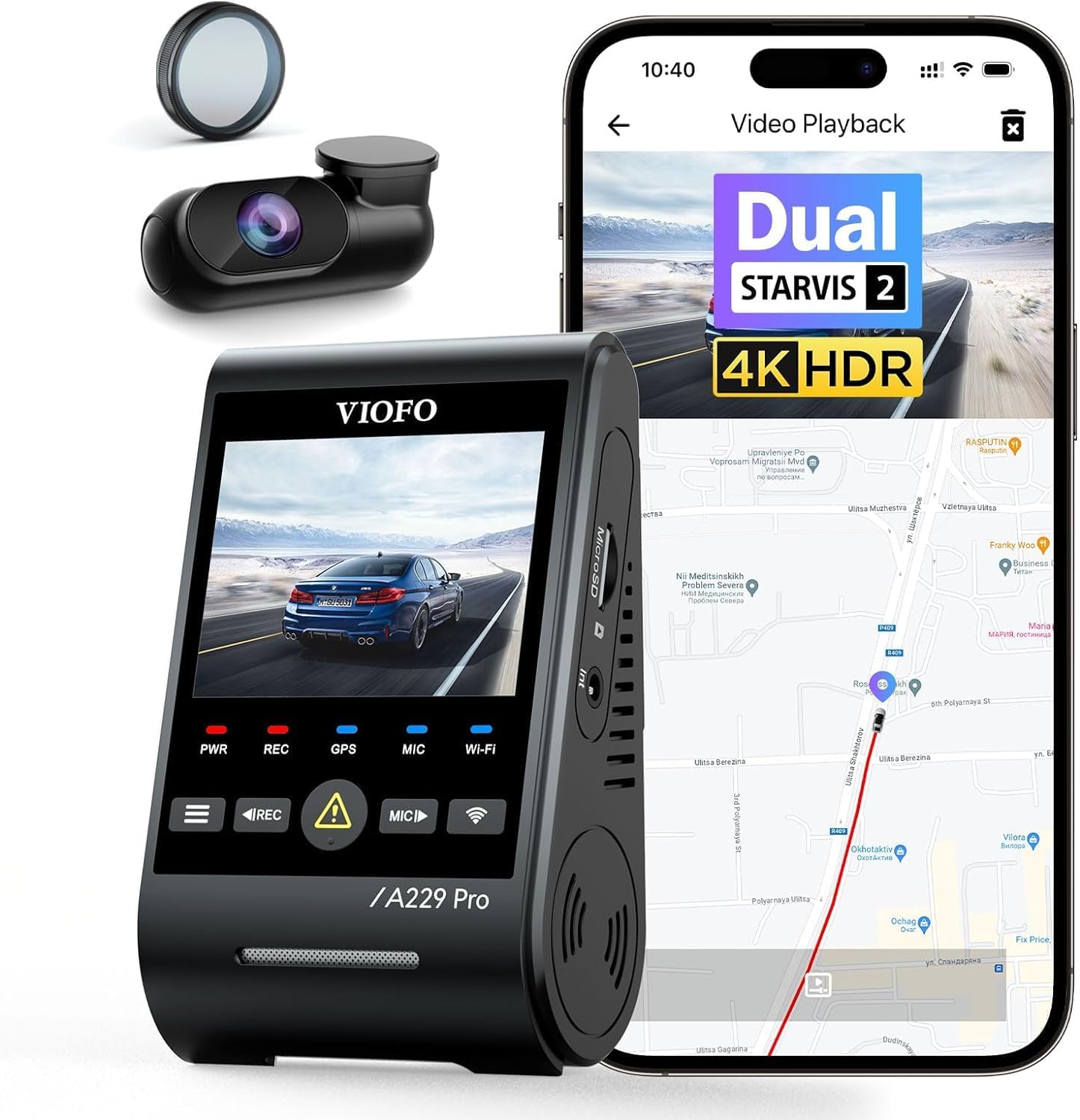Alternative view of A229 Pro 2 Kameralı Ön + Arka Dual Çift Kameralı Starvis 2 IMX678 IMX675 4K + 2K HDR Wifi GPS Gece Görüş Özellikli Araç Kamerası