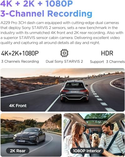 A229 Pro 3 Kameralı Ön-İç-Arka 4K+2K+1080P HDR Starvis 2 İle Uyumlu WiFi GPS Araç Kamerası