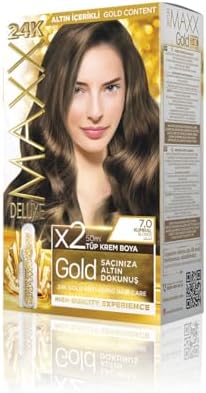 MAXX DELUXE serisi 24K Altın Parçacıklı Serum ile 1 Kutu 2 x 50 ml ve Geliştiriciler Saç Boyası (KUMRAL 7.0)
