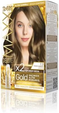 MAXX DELUXE serisi 24K Altın Parçacıklı Serum ile 1 Kutu 2 x 50 ml ve Geliştiriciler Saç Boyası (FINDIK KABUĞU 7.3)