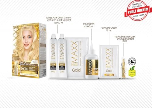 MAXX DELUXE serisi 24K Altın Parçacıklı Serum ile 1 Kutu 2 x 50 ml ve Geliştiriciler Saç Boyası (SARISI 10.0)