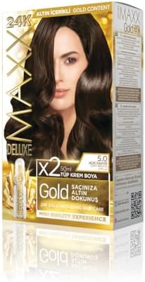 MAXX DELUXE serisi 24K Altın Parçacıklı Serum ile 1 Kutu 2 x 50 ml ve Geliştiriciler Saç Boyası (AÇIK KAHVE 5.0)