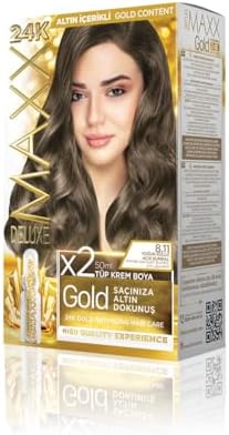 MAXX DELUXE serisi 24K Altın Parçacıklı Serum ile 1 Kutu 2 x 50 ml ve Geliştiriciler Saç Boyası (YOĞUN KÜLLÜ AÇIK KUMRAL 8.11)