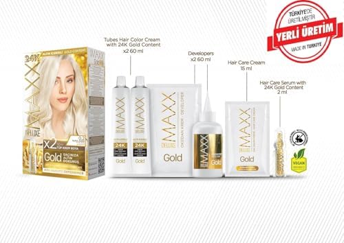 MAXX DELUXE serisi 24K Altın Parçacıklı Serum ile 1 Kutu 2 x 50 ml ve Geliştiriciler Saç Boyası (BUZUL SARISI 0.2)