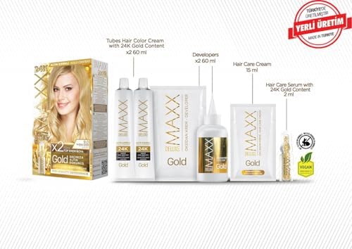 MAXX DELUXE serisi 24K Altın Parçacıklı Serum ile 1 Kutu 2 x 50 ml ve Geliştiriciler Saç Boyası (BUĞDAY SARISI 9.0)