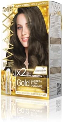 MAXX DELUXE serisi 24K Altın Parçacıklı Serum ile 1 Kutu 2 x 50 ml ve Geliştiriciler Saç Boyası (YOĞUN KÜLLÜ KUMRAL 7.11)