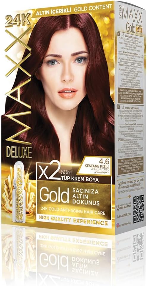 MAXX DELUXE serisi 24K Altın Parçacıklı Serum ile 1 Kutu 2 x 50 ml ve Geliştiriciler Saç Boyası (KESTSANE KIZILI 4.6)