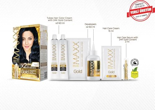MAXX DELUXE serisi 24K Altın Parçacıklı Serum ile 1 Kutu 2 x 50 ml ve Geliştiriciler Saç Boyası (MAVİ SİYAH 1.1)