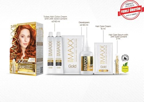 MAXX DELUXE serisi 24K Altın Parçacıklı Serum ile 1 Kutu 2 x 50 ml ve Geliştiriciler Saç Boyası (TARÇIN BAKIR 8.45)