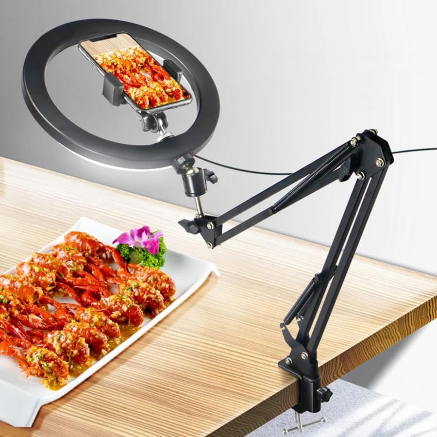 Kıskaçlı 10 inch Youtuber LED Işıklı Halka Telefon Tutuculu Yüksekliği ve Açısı Ayarlanabilir 10 inch 26 cm Selfie Yayıncı Makyaj Işığı Masa Kenarına Monte Edilebilir HLK-012A