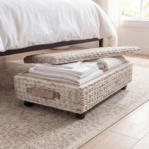 happimess BSK1006C Chett Minimalist El Dokuma Sümbül/Ahşap Yatak Altı Saklama Kutusu, Banyo, Yatak Odası, Dolap, Giriş Yolu, Misafir Odası, Beyaz Yıkama