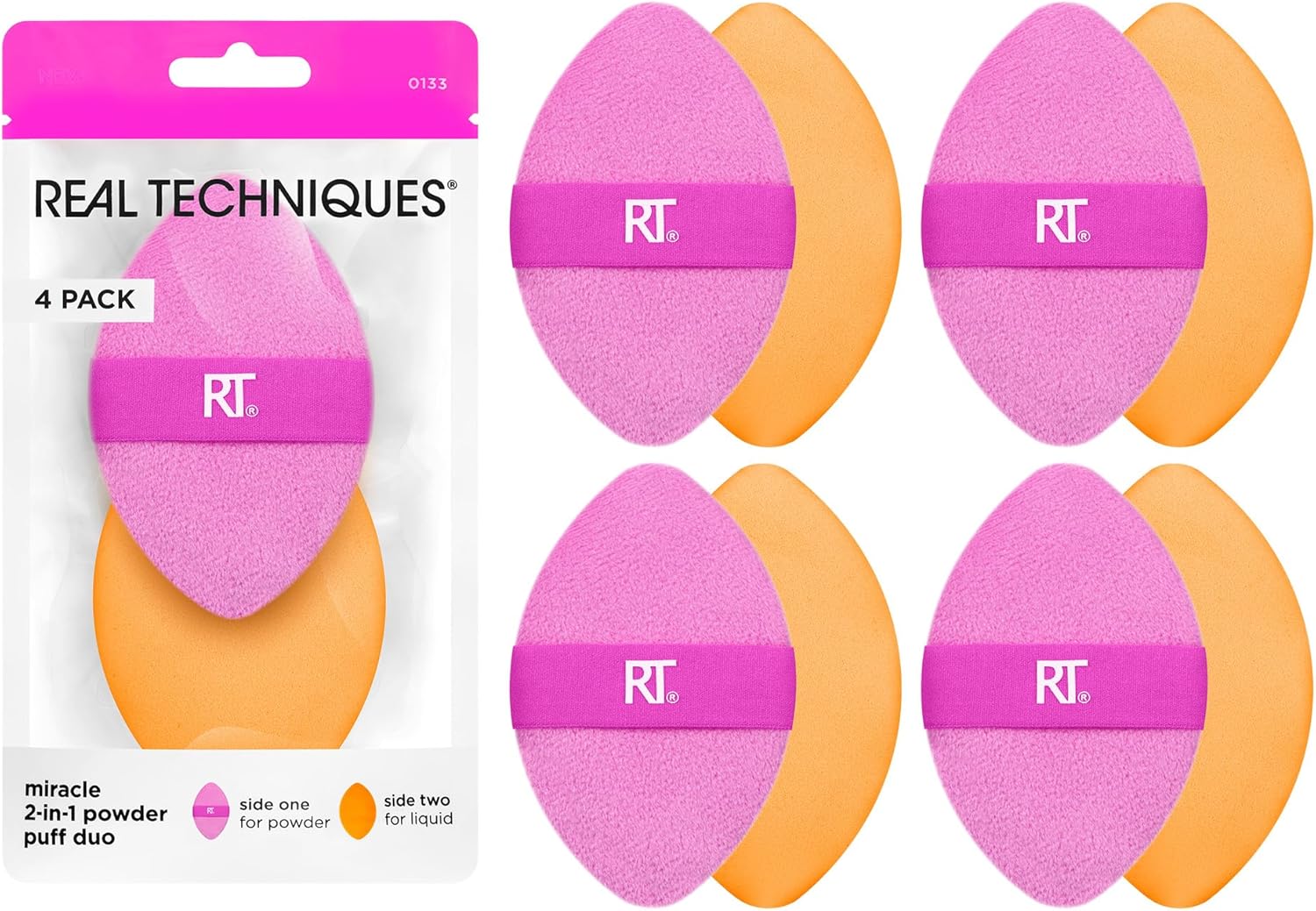 Techniques 4 Paket Mucize 2'si 1 Arada Puflar, Çift Taraflı Makyaj Karıştırma Pufu, Tersinir Elastik Bant, Hassas Makyaj Süngeri ve Pudra Pufu, Sıvı, Krem ve Toz Ürünleri İçin