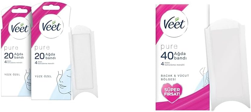 Pure Hipoalerjenik Yüz Ağda Bandı (2 x 20 Adet) & Veet Pure Ağda Bandı Hassas Ciltler için Bacak ve Vücut Bölgesi 40'lı