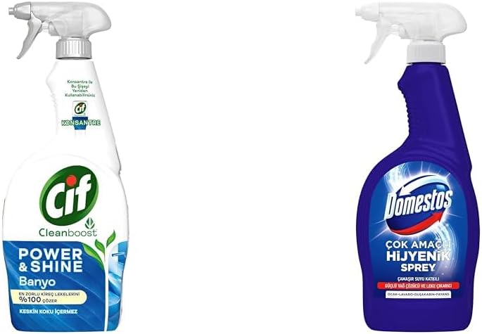 Cif Power Cleanboost Sprey Temizleyici Banyo İçin Temizleyici ve Kireç Çözücü 750 ML(4) Domestos Çok Amaçlı Hijyenik Çamaşır Suyu Katkılı Temizlik Spreyi 750 mL(1)