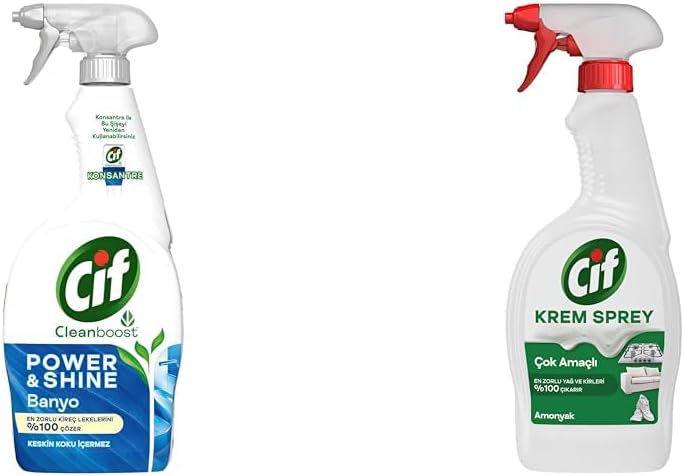 Cif Power Cleanboost Sprey Temizleyici Banyo İçin Temizleyici ve Kireç Çözücü 750 ML(4) Cif Krem Sprey Amonyak Yüzey Temizleyici En Zorlu Yağ ve Kirleri%100 Çıkarır 750 ml(1)