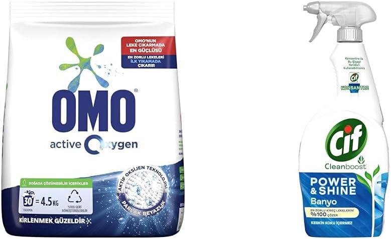 Oxygen Toz Çamaşır Deterjanı Beyazlar için, 4.5 kg(1) Cif Power Cleanboost Sprey Temizleyici Banyo İçin Temizleyici ve Kireç Çözücü 750 ML(2)