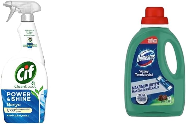 Cif Power Cleanboost Sprey Temizleyici Banyo İçin Temizleyici ve Kireç Çözücü 750 ML(4) Domestos Yüzey Temizleyici Yoğun Kıvam Çam 1500 ml(1)