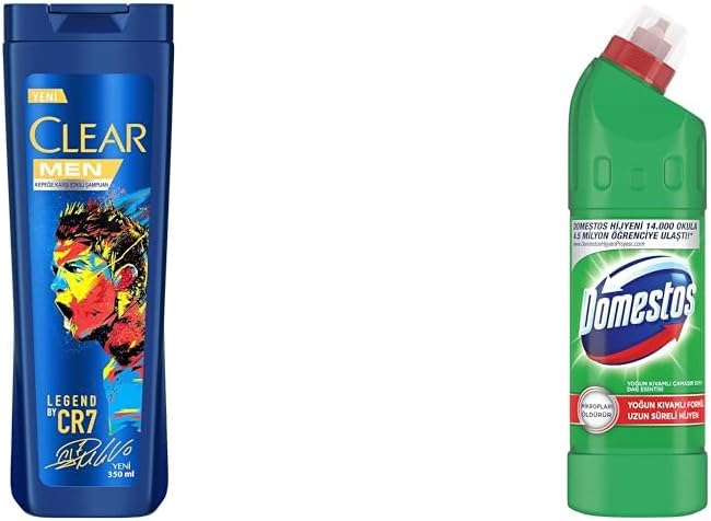 Clear Men Kepeğe Karşı Etkili Şampuan Legend By CR7 Cristiano Ronaldo 350 ml(1) Domestos Yoğun Kıvamlı Çamaşır Suyu Maksimum Hijyen Dağ Esintisi, 750 ml(3)