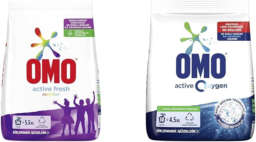 Fresh Renkliler için 36 Yıkama Toz Deterjan (1 x 5500 g)(1) Omo Oxygen Toz Çamaşır Deterjanı Beyazlar için, 4.5 kg(1)