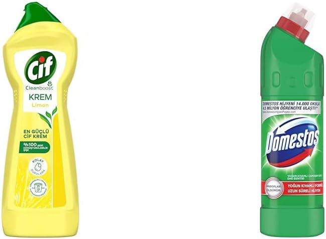 Cif Krem Yüzey Temizleyici Limon Kokulu Yağ ve Kireç Sökücü Leke Çıkarıcı 750 ML(1) Domestos Yoğun Kıvamlı Çamaşır Suyu Maksimum Hijyen Dağ Esintisi, 750 ml(5)