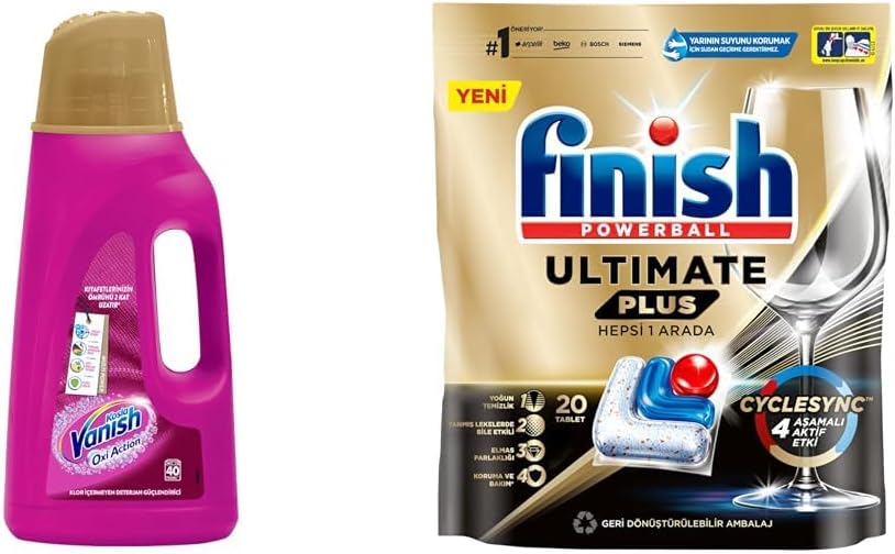 Vanish Kosla Multipower Renkliler için Leke Çıkarıcı ve Deterjan Güçlendirici Sıvı (1 x 2000 ml) ve Finish Plus 20 Kapsül Bulaşık Makinesi Tableti