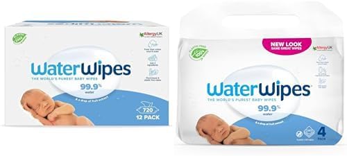 WaterWipes Yeni Doğan & Hassas Ciltler için 720 Yaprak Bebek Islak Mendili (12 x 60 Adet), Bitki Tabanlı ve WaterWipes Yeni Doğan & Hassas Cilt için 240 yaprak Bebek Islak Mendili (4 x 60 Adet)