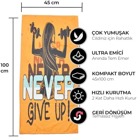 Wonkey Baskılı Antreman Fitness Sporcu Havlusu, Boks Pilates Gym Tenis Ter Havlusu 45x100 cm (2 Adet, v5 - Up - Sarı)