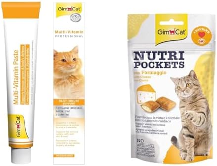 GimCat Kediler İçin Multi-Vitamin, 100 g, 12 Temel Vitamin & Nutripockets Kedi Ödülü Peynir Taurin, 60 g
