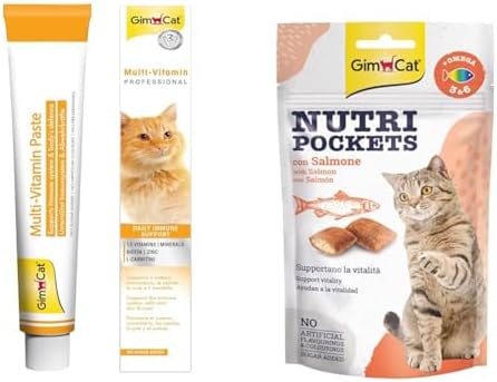 GimCat Kediler İçin Multi-Vitamin, 100 g, 12 Temel Vitamin & Nutripockets Kedi Ödülü Somon Omega 3&6 60Gr