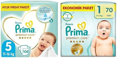 Bebek Bezi Premium Care 5 Beden 108 Adet Junior Aylık Fırsat Paketi & Bebek Bezi Premium Care 1 Beden 70 Adet Yenidoğan Paket