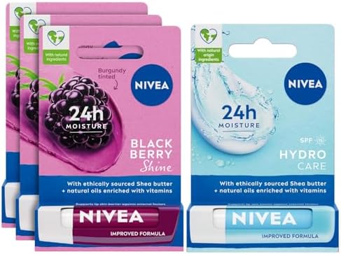 Böğürtlen Dudak Bakım Kremi,24 Saat Nem,Hafif Bordo Işıltı,Gün Boyu Dudak Bakımı, Böğürtlen Kokusu, 4.8 gr X3 + Hydro Care Dudak Bakım Kremi,24 Saat Nem,SPF 15,Gün Boyu Dudak Bakımı (4,8g)