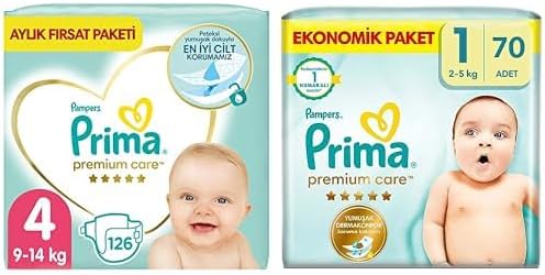 Bebek Bezi Premium Care 4 Beden 126 Adet Maxi Aylık Fırsat Paketi & Bebek Bezi Premium Care 1 Beden 70 Adet Yenidoğan Paket