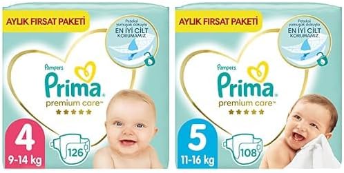 Bebek Bezi Premium Care 4 Beden 126 Adet Maxi Aylık Fırsat Paketi & Bebek Bezi Premium Care 5 Beden 108 Adet Junior Aylık Fırsat Paketi
