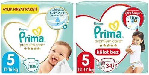 Bebek Bezi Premium Care 5 Beden 108 Adet Junior Aylık Fırsat Paketi & Külot Bebek Bezi Premium Care 5 Beden 34 Adet Junior İkiz Paket