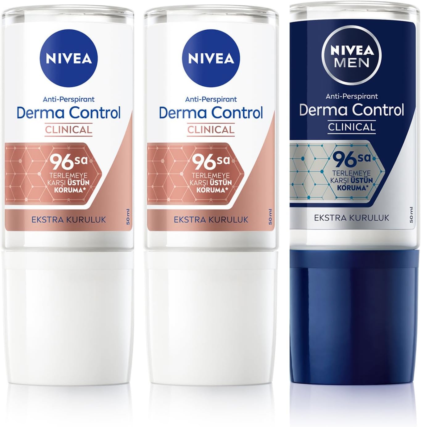 Derma Control Clinical Kadın Roll-on deodorant 50 ml,96 saat koruma X2 + MEN Erkek Roll-on deodorant Derma Control Clinical 50 ml, Ter Kokusuna Karşı 96 saat koruma,DermaDry ile Kuruluk