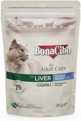 BonaCibo Soslu Ciğerli Pouch Yetişkin Kedi Yaş Maması 85 Gr x 12 Adet