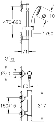 Precision Termostatik Duş Bataryası ve Start 110 Sürgülü Duş Seti, 110mm 1 Akışlı El Duşu, 600mm Sürgülü Ray, 1750mm Duş Hortumu, 38°C Sabit Sıcaklık Ayarı, Krom, 34800001