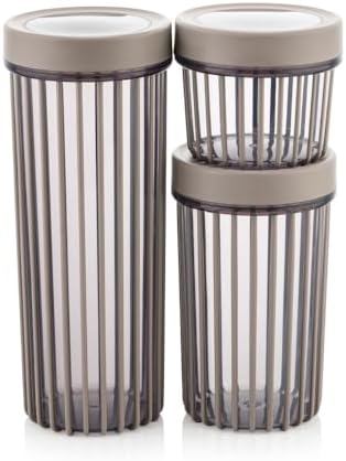 3'lü Çevir Aç Kapak Kavanoz Plastik Saklama Kabı Seti, Büyük, Orta, Küçük, 3 Boy (BEJ)