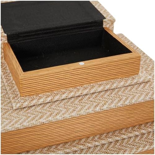 Deco 79 Kumaş Dekoratif Kutu Chevron Desenli Sahte Kitap Saklama Kitabı Şekilli Kutular Krem Vurgulu, 4'lü Dekoratif Hatıra Kutusu Seti 38,1 cm, 30,4 cm, 9 cm, 15,2 cm Y, Bej