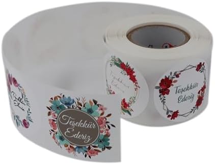 Teşekkür Ederiz Etiketi 5 Farklı Çiçek Deseni 50mm Çap Ruloda 500 Adet Kendinden Yapışkanlı Rulo Etiket, PP Opak E-ticaret