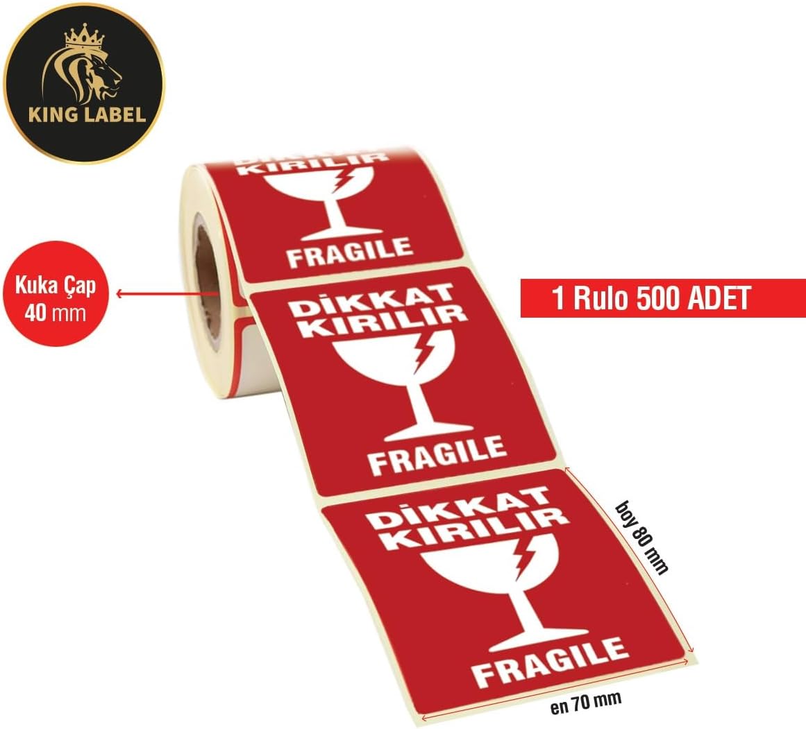 KİNG LABEL Dikkat Kırılır Etiket 70X80 1 Rulo 500'lü Sarım