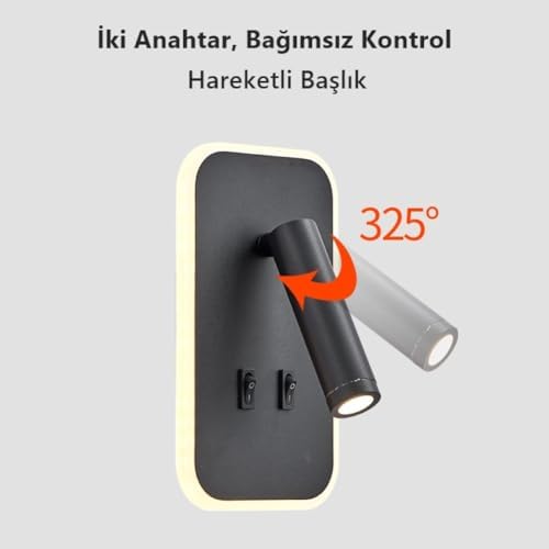 Alternative view of Dekoratif Yatak Başı Okuma Lambası 13 Watt Gün Işığı Çift Kademeli Baş Ucu Kitap Okuma Lambası Tuvalu Led Aplik Gece Lambası (Siyah)