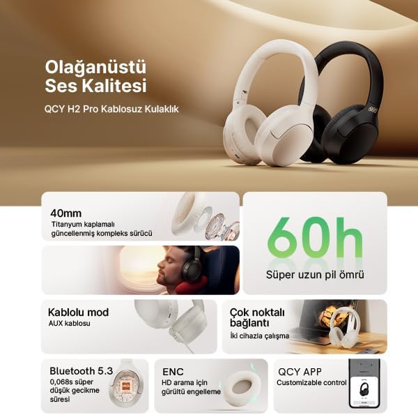 QCY H2 Pro Aux Kablosuz Bt 5.3 Siyah Kulaklık Hifi Enc 70 Saat Dinleme Oyun Modu